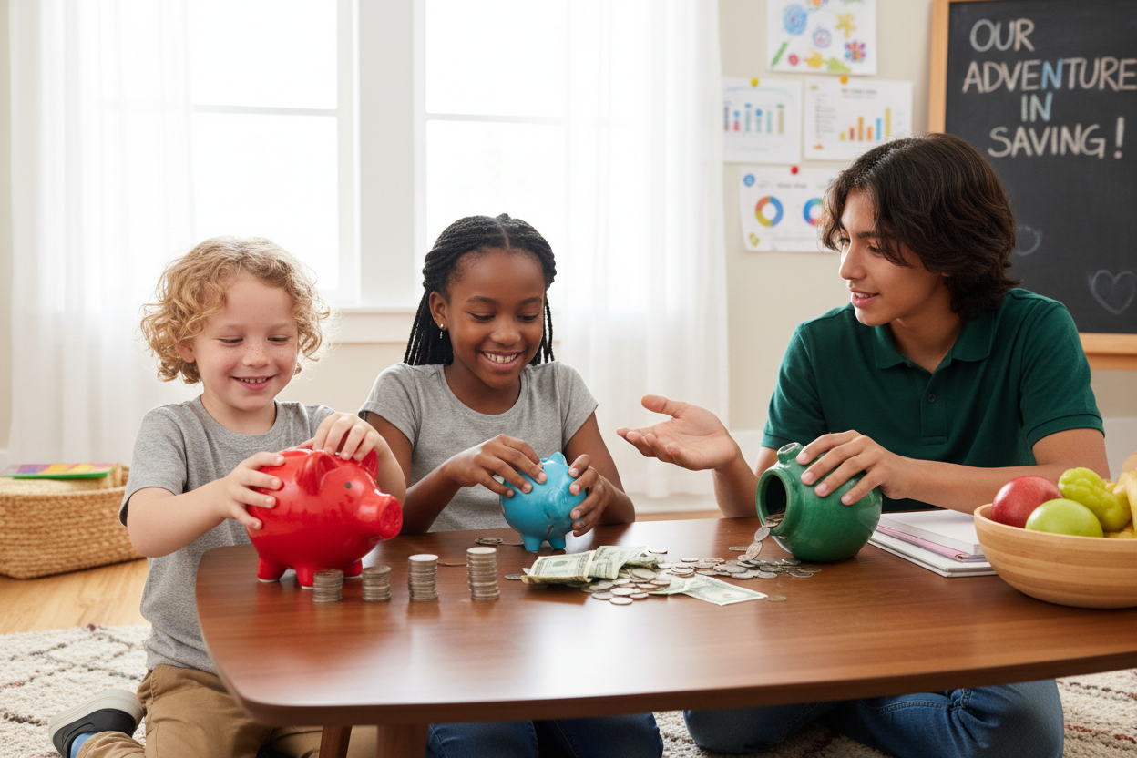 three children counting money from their piggy banks